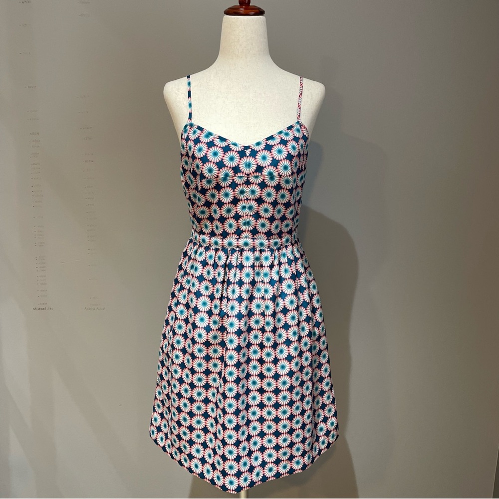 J Crew Factory Midi Dress Size 2 Navy Blue Pink & White Adjustable Straps